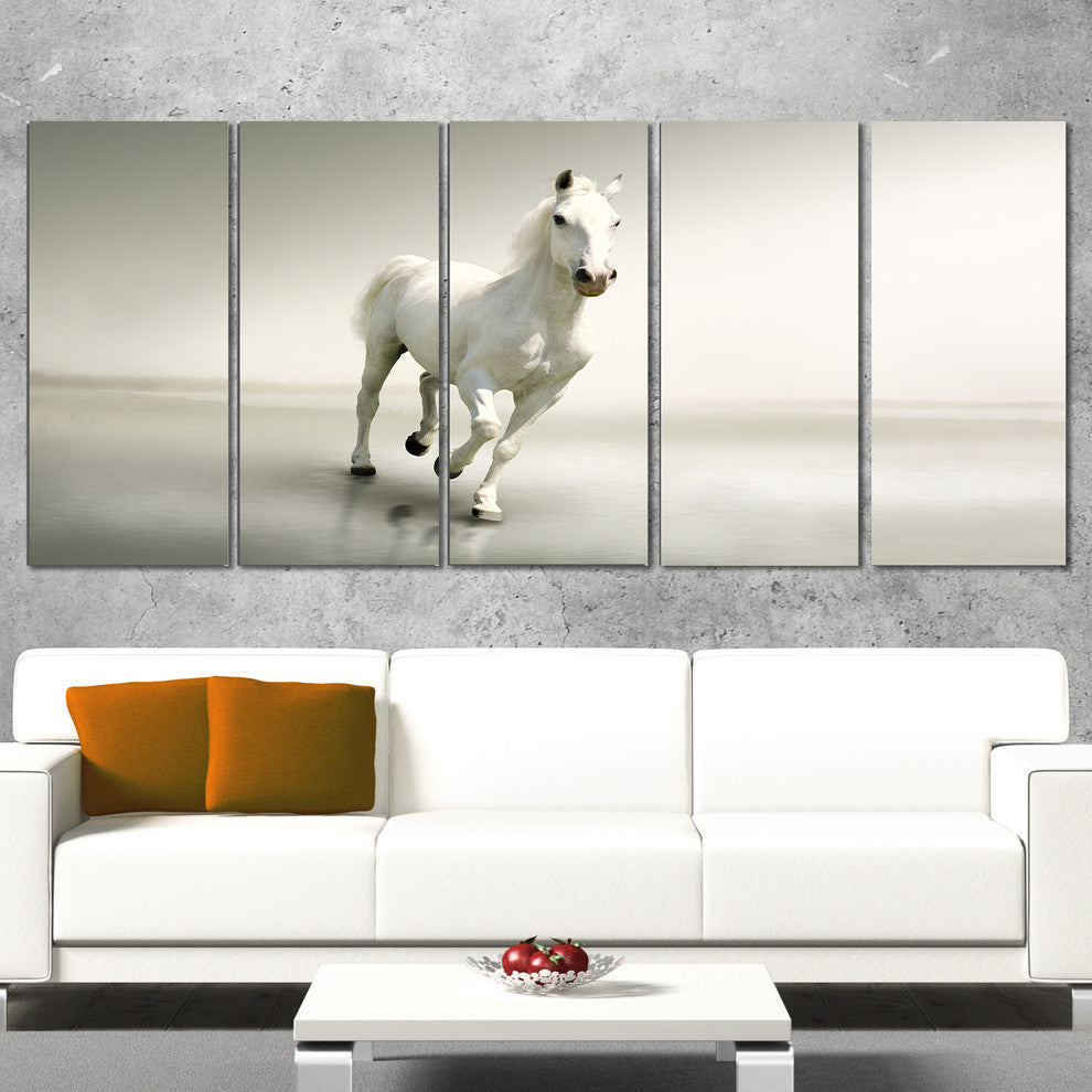 Beautiful White Horse Running, Animal Canvas Art Print, 60"x28", 5 Panels