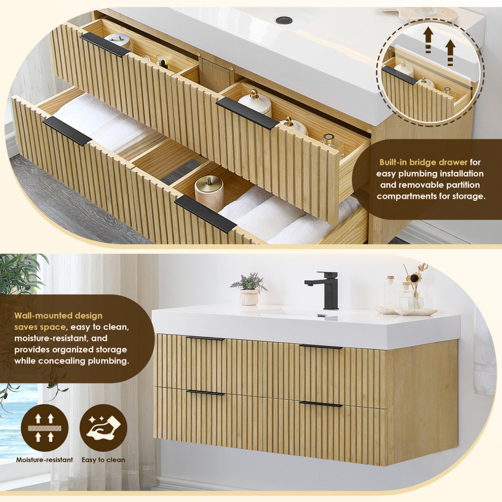 Livia Wall-mounted Bathroom Vanity, Nature Brown, 48inch, No Mirror
