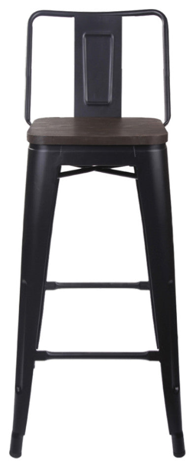 Black Middle Back Metal Barstools With Wooden Seat, Set of 4