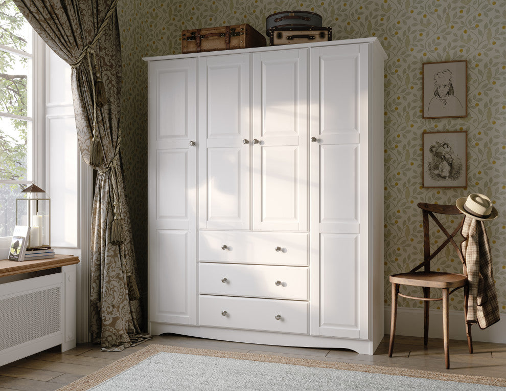 100% Solid Wood Family Wardrobe Armoire, White-Metal Knobs