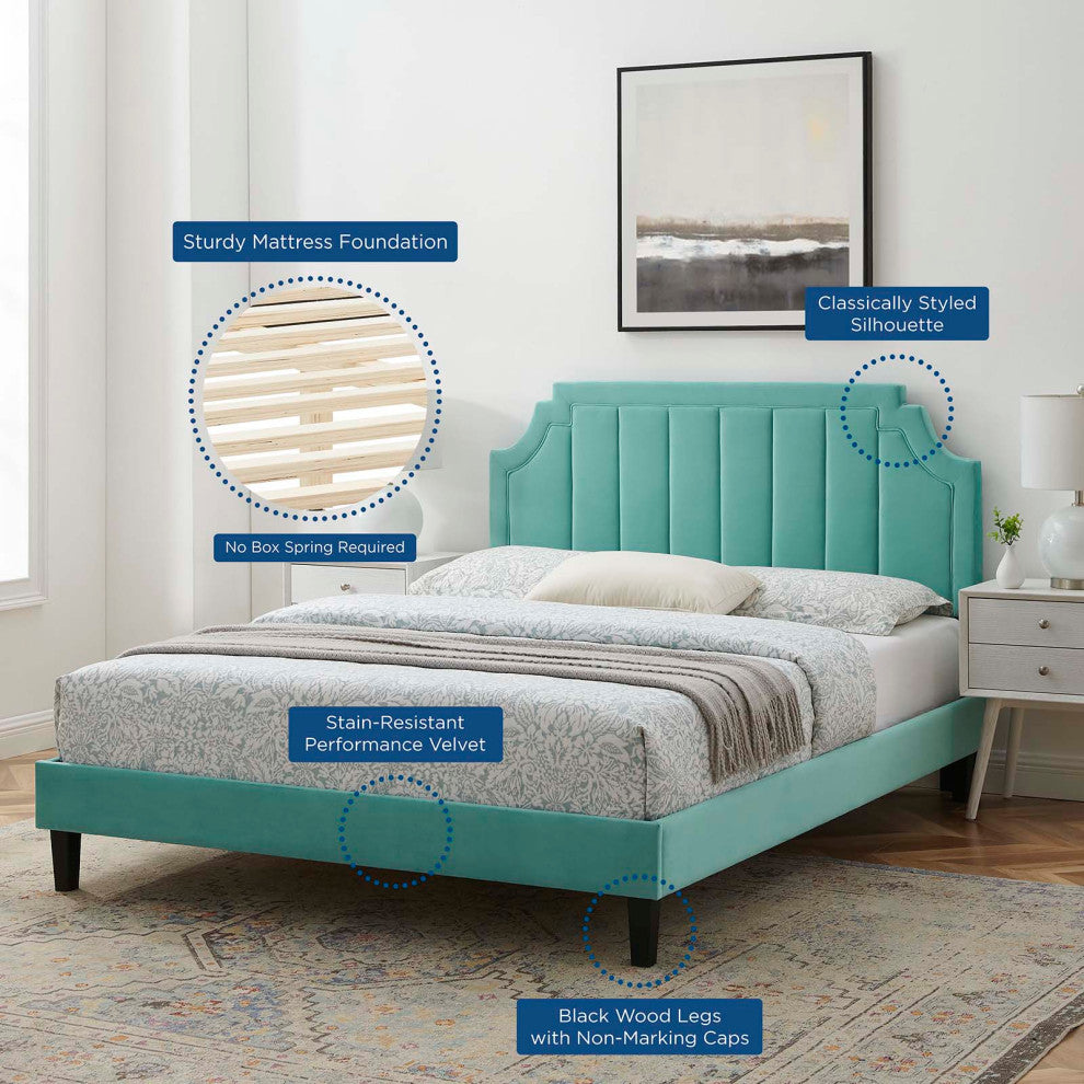 Platform Bed Frame, King Size, Velvet, Blue, Modern Contemporary, Bedroom Master