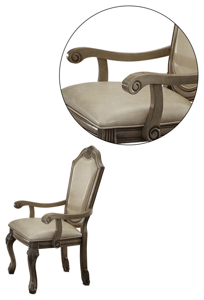 Set of 2 PU Upholstered Arm Chair, Antique White Finish