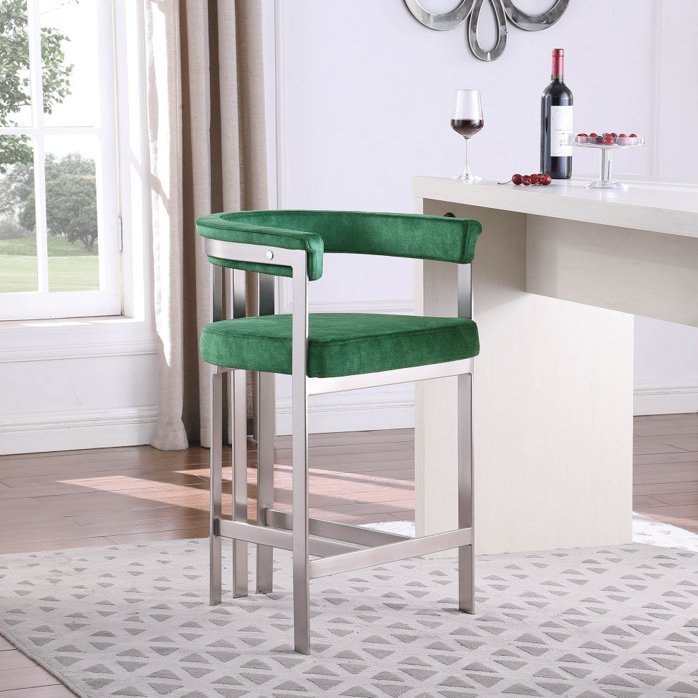 Marcello Upholstered Counter Stool, Green, Velvet, Brushed Chrome