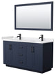 60"DBL Vanity Dark Blue, White Cult. Marble Top, Sinks, Black Trim, 58"Mirror