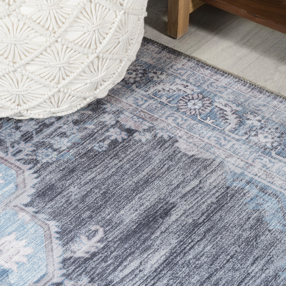 Wincer Chenille Cottage Medallion Washable Rug, Gray/Blue/White, 8 X 10