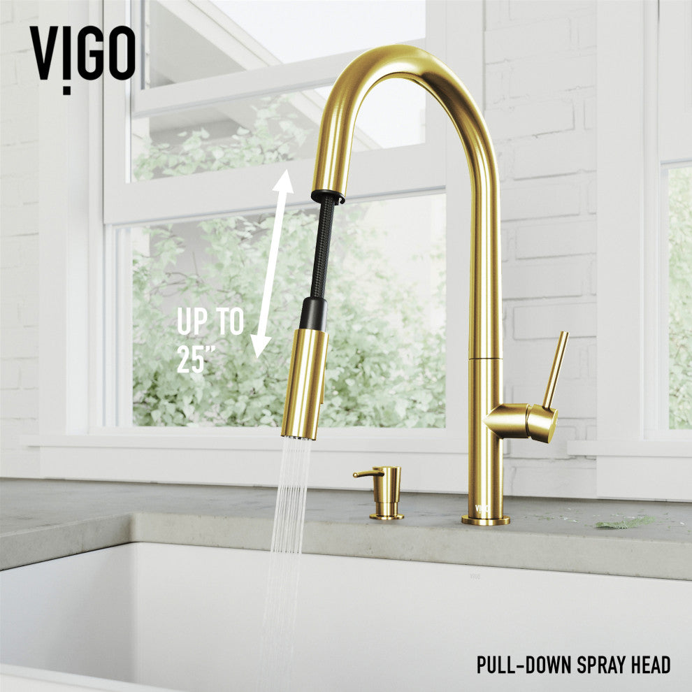 VIGO Greenwich 18" H Single Handle Pull-Down Sprayer Kitchen Faucet, Matte Brushed Gold, No Sensor, With Soap Dispenser