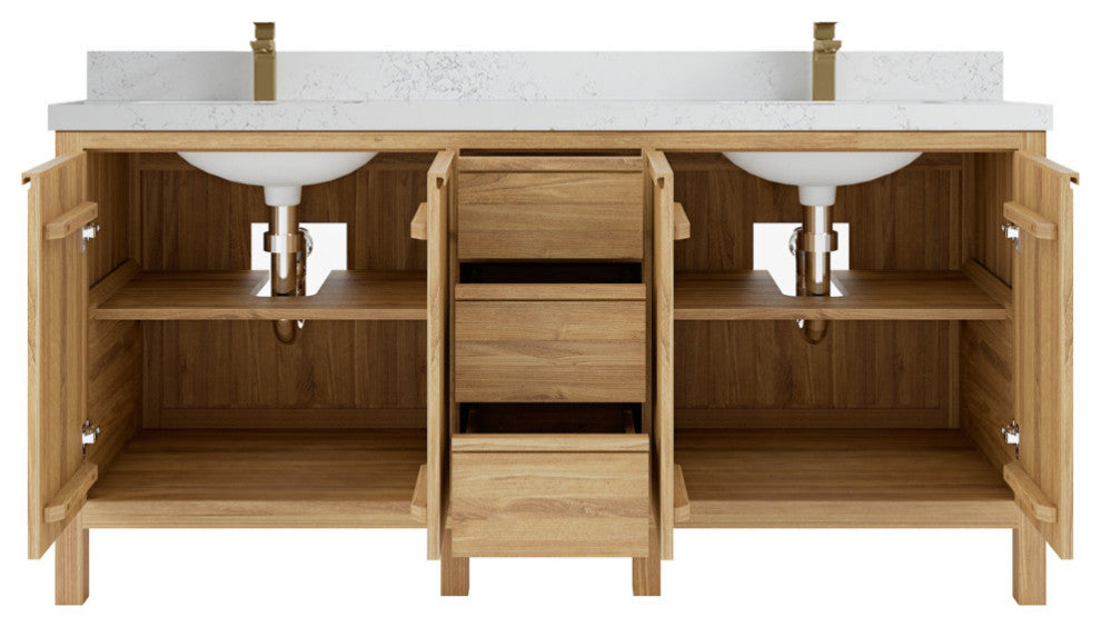 Elizabeth 72 Double Sink Bath Vanity in Light Natural Teak 1.5" Empira Quartz