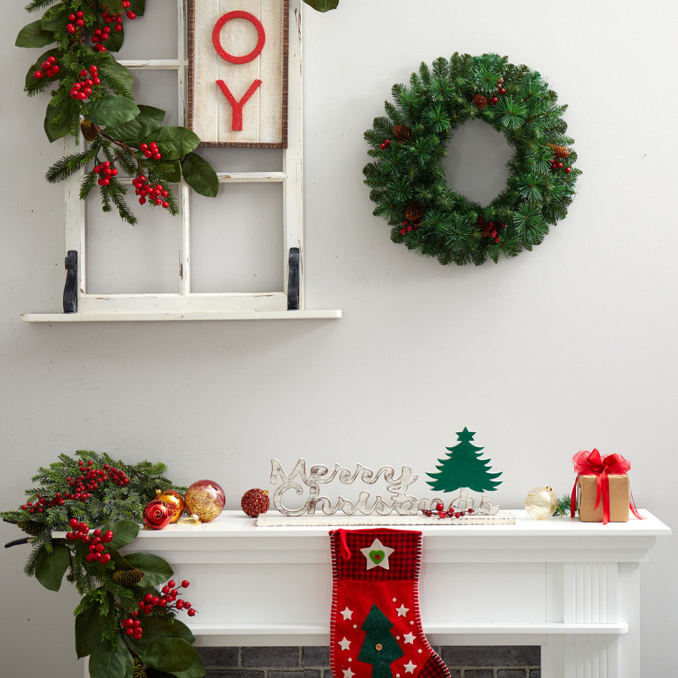 20" Frosted Pine Artificial Christmas Wreath, Pinecones, Berries 35 LED Lights