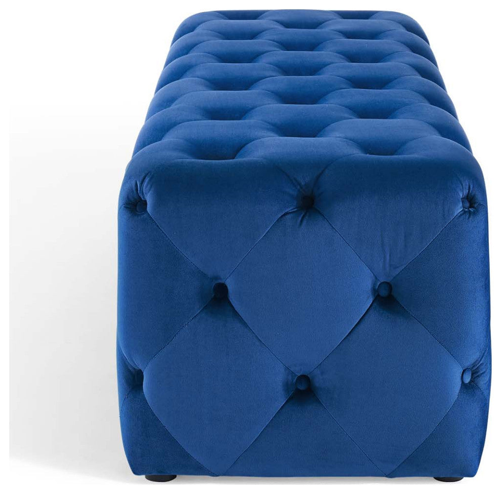 Tufted Accent Chair Bench, Velvet, Blue Navy, Modern, Living Lounge Hospitality