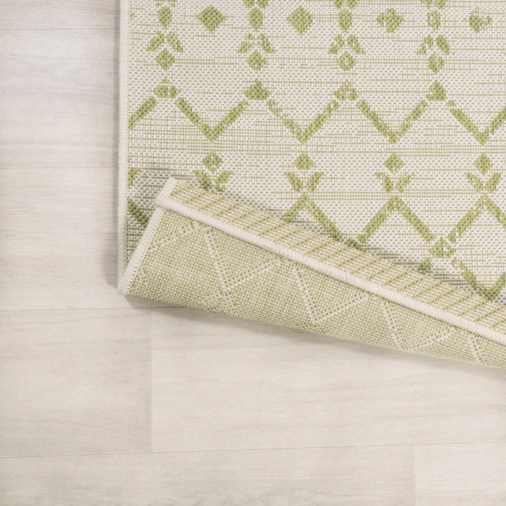 Ourika Moroccan Geometric Indoor/Outdoor Rug, Cream/Green, 2x10