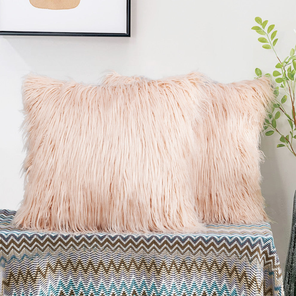 Mongolian Faux Fur Pillow Shell Set, Rose, 20"x20"