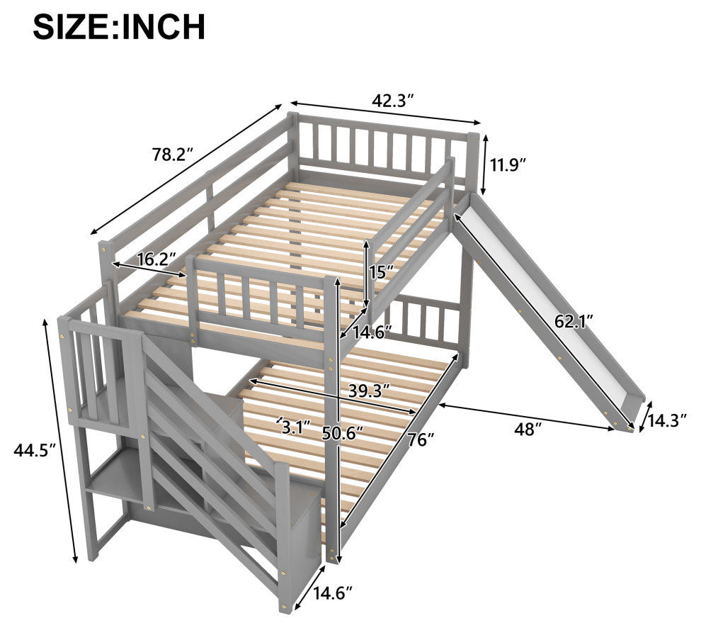Twin over Twin Bunk Bed With Convertible Slide and Stairway, Gray
