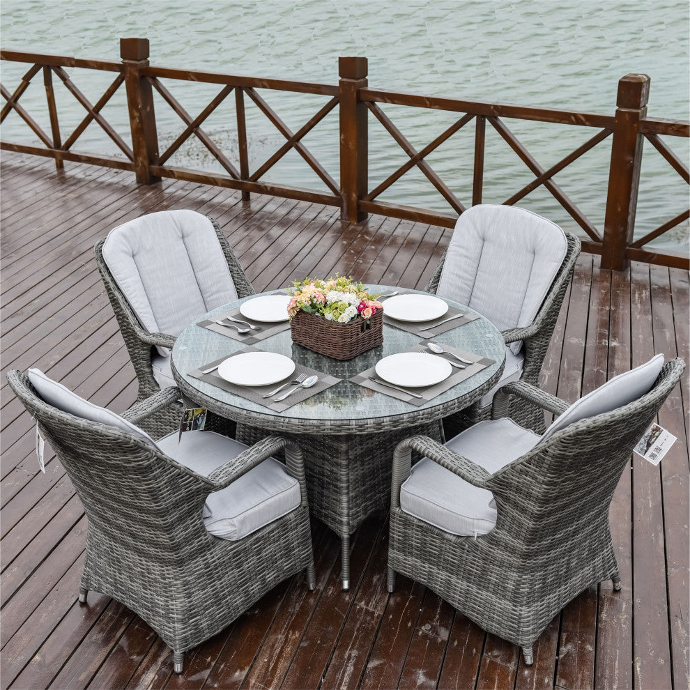 5-Piece Wicker Outdoor Round Dining Set with Grey Cushions