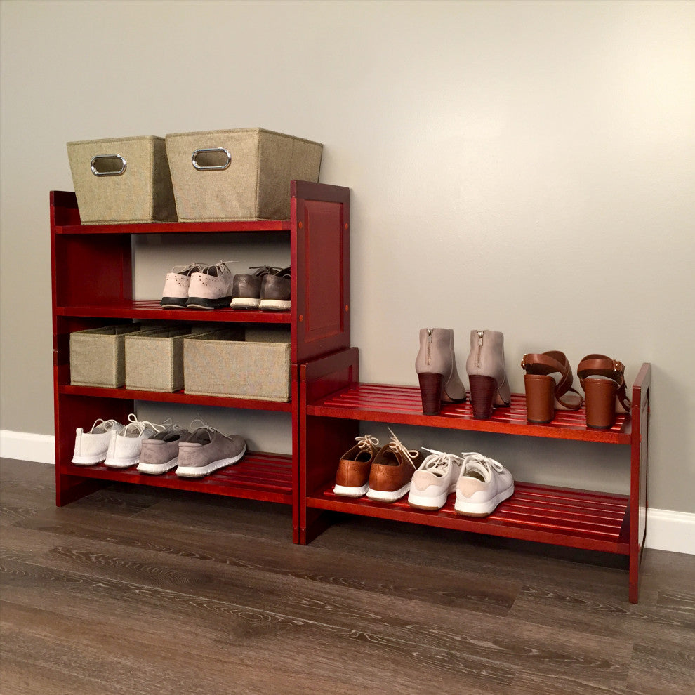 Solid Wood Stackable Shoe And Storage Rack, Red Mahogany