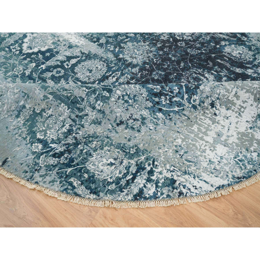 Blue-Teal Farsian Tebraz Wool and Silk Hand Knotted Runner Rug, 9'10"x9'10"