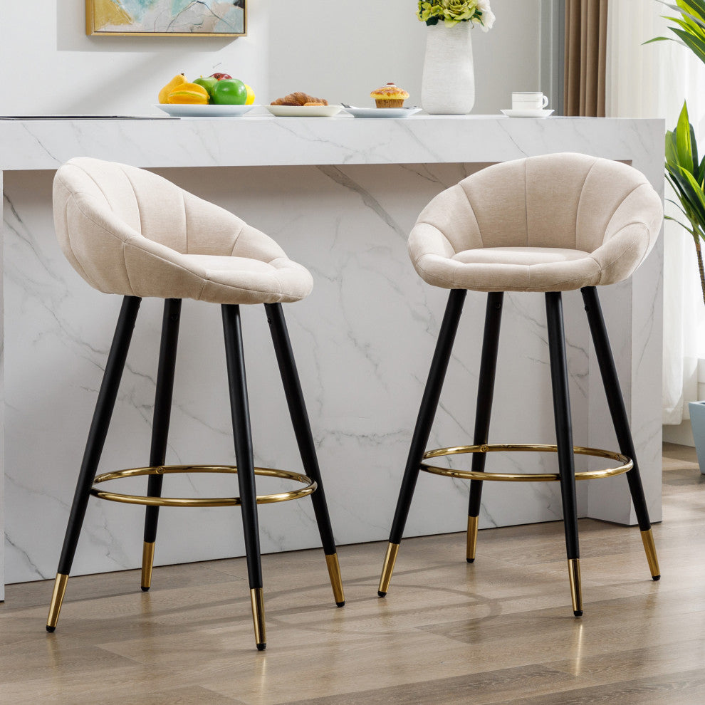 Set of 2 Blooming Flower Chenille Bar Stools, Khaki