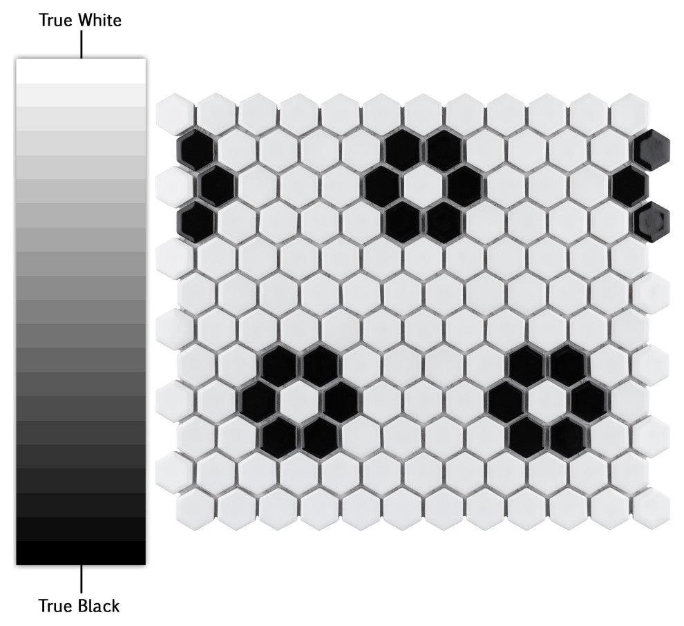 Metro 1" Hex Porcelain Mosaic Floor and Wall Tile, Glossy White With Heavy Flower