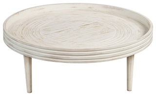 33" Coffee Table Mango Wood Round Top Grooved Edge Distressed White Finish