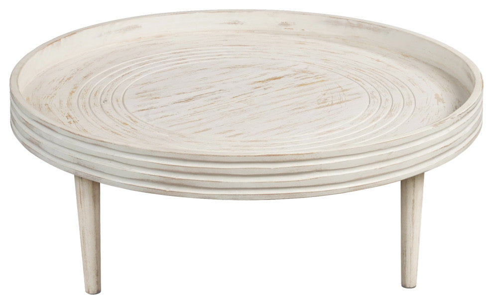 33" Coffee Table Mango Wood Round Top Grooved Edge Distressed White Finish
