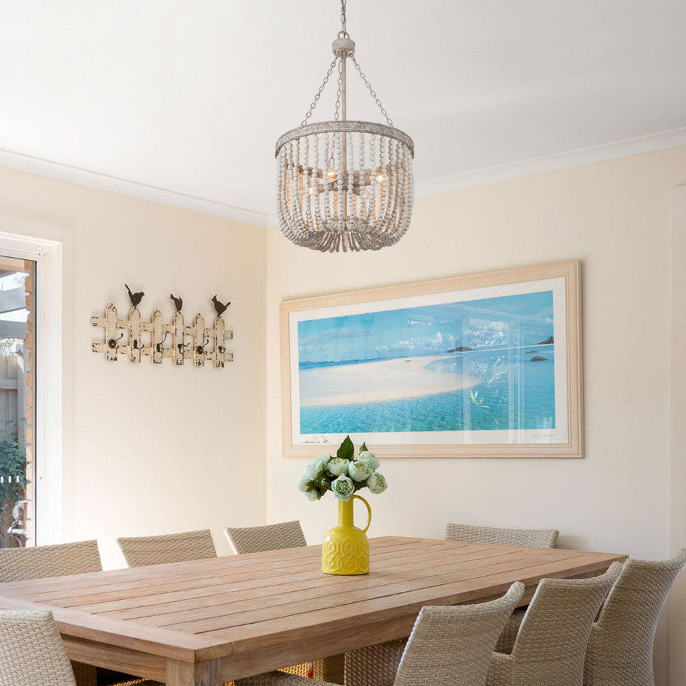 Wood Beaded Chandelier 4-light Drum Basket Ceiling Light