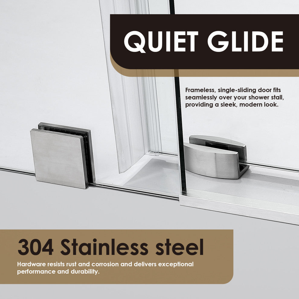 Lazaro Single Sliding Frameless Shower Door, Clear, Brushed Nickel, 56"wx78"h