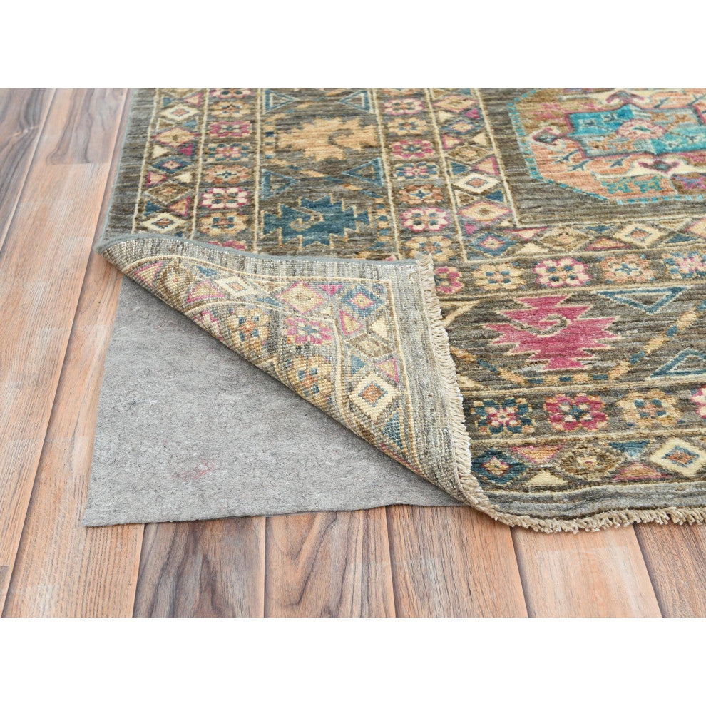 Sage Green, Hand Knotted Afghan Super Kazak Pure Wool Oriental Rug, 8'9"x11'7"