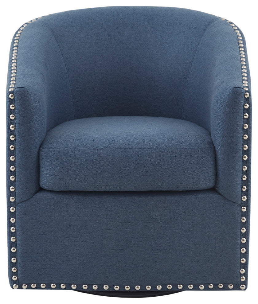 Madison Park Tyler Upholstered Swivel Barrel Chair with Nailheads, Blue