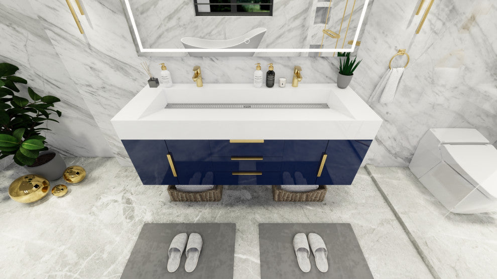Madison 60" Wall Mounted Double Sink Vanity with Reinforced Acrylic Sink, High Gloss Blue