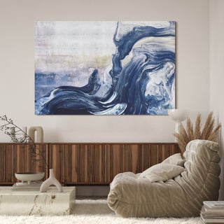 "Ocean Whispers" Blue Waves Rendered on Silver Shagreen Wrapped Canvas Wall Art