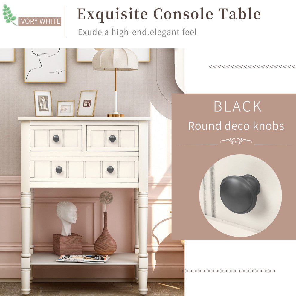 Narrow Console Table with Three Storage Drawers, Ivory