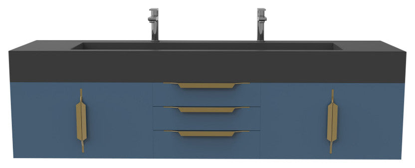 CastelloUSA Nile 72" Wall Mounted Bathroom Vanity Set, Blue, Black Top, Gold Handles