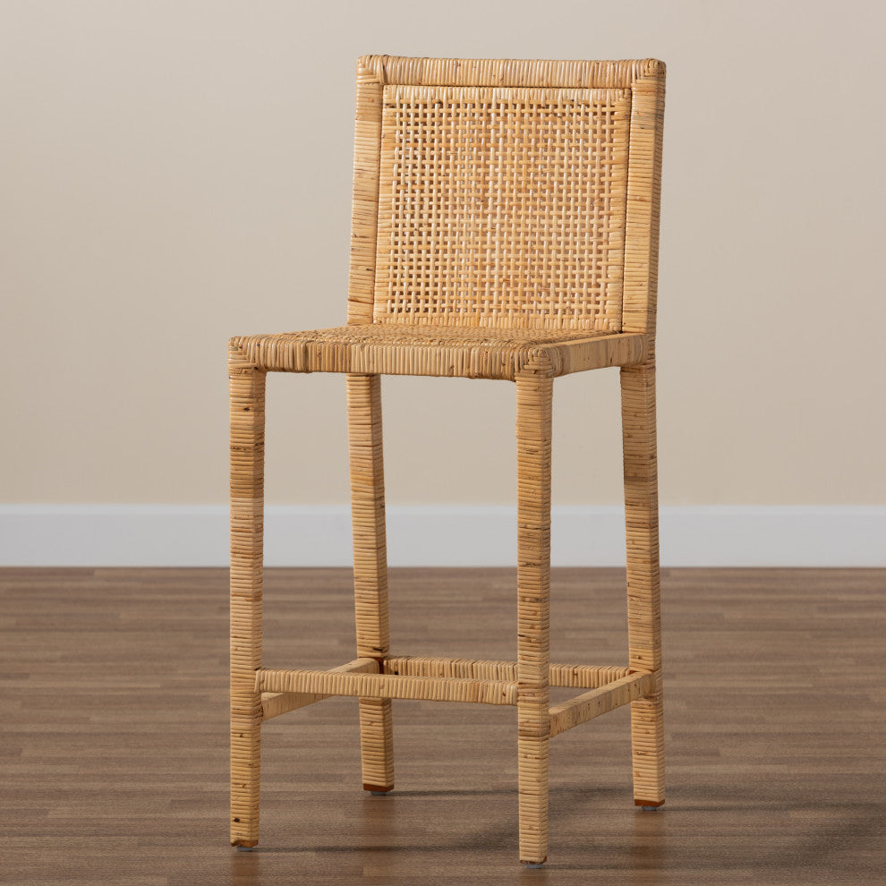 Sofia Modern Natural Finished Wood and Rattan Counter Stool