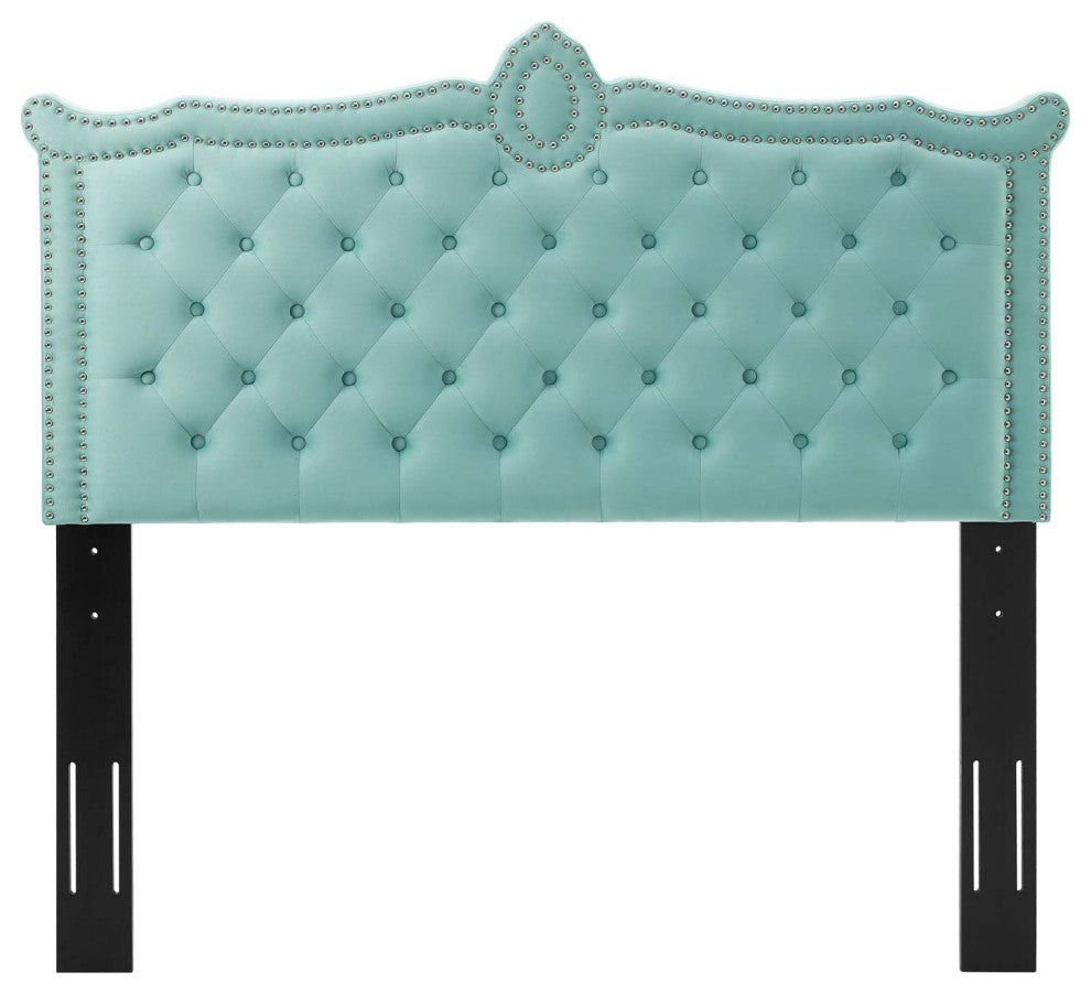 Tufted Headboard, Nailhead, King California Size, Blue, Velvet, Modern