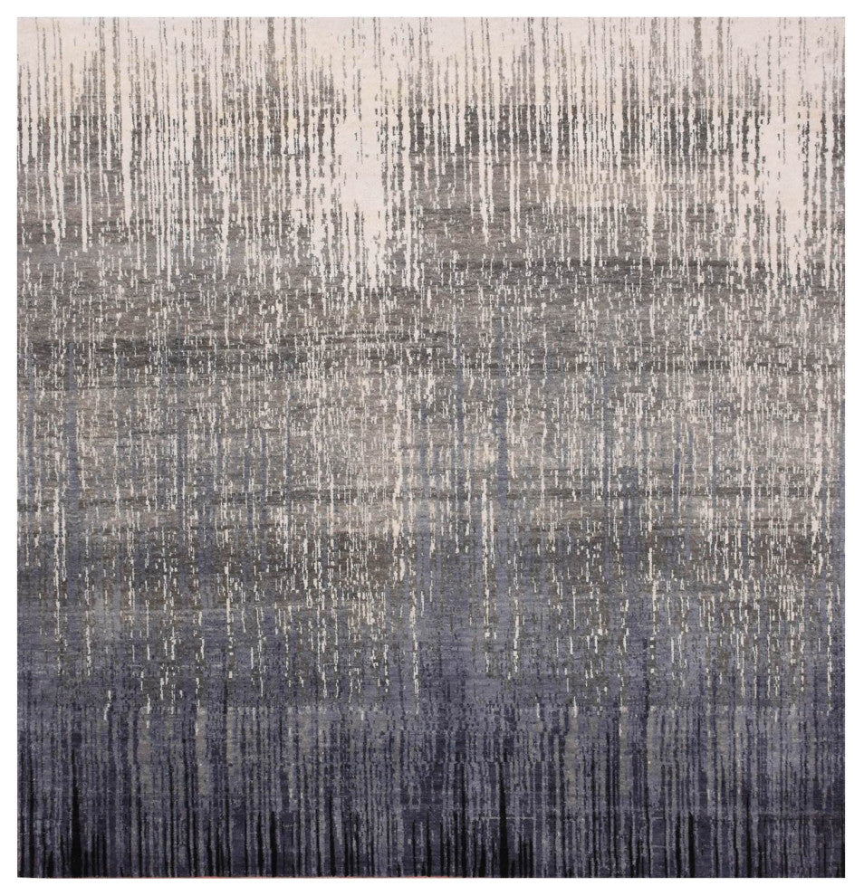 Blue/Gray Hand Knotted Modern Ombre Design Pure Wool Square Rug, 8'0"x8'4"