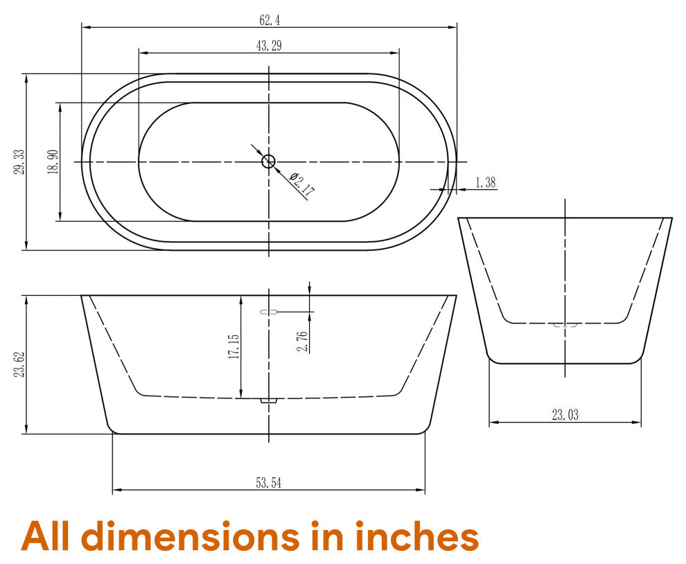 HEATGENE Acrylic Freestanding Bathtub Contemporary, 62 Inches