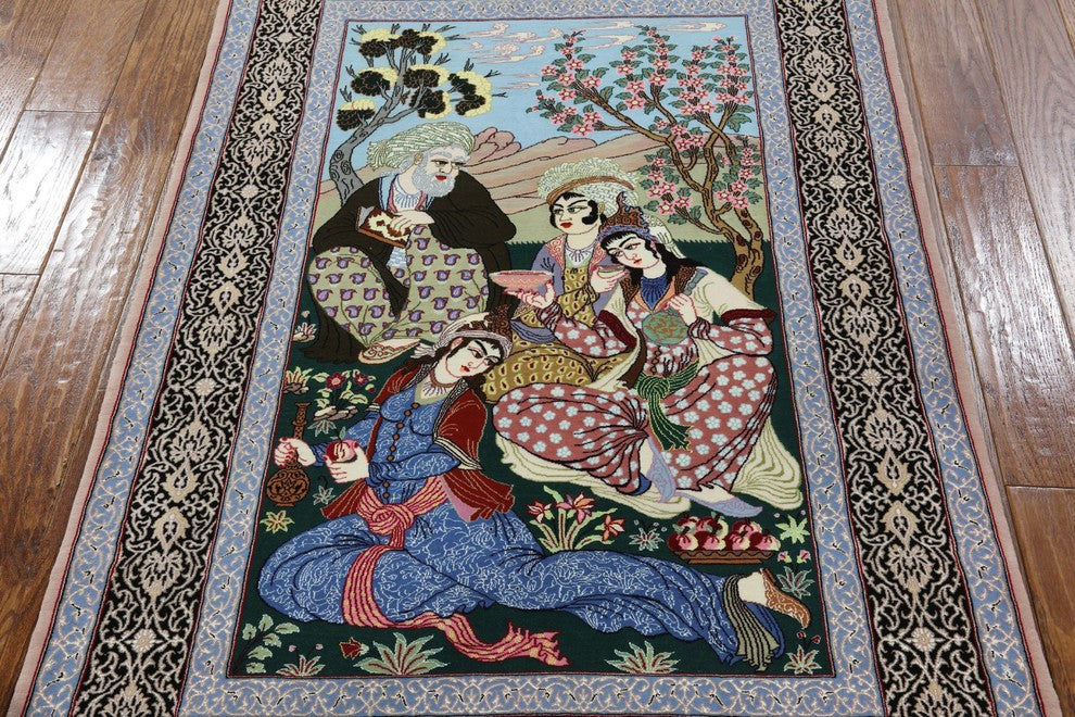 Pictorial Scene Persian Hand Knotted Wool and Silk Signed Isfahan Rug, 4x5