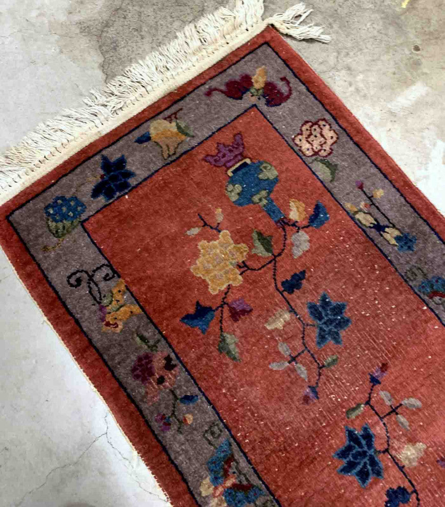 Handmade Antique Art Deco Chinese Rug 2.1'x4.3', 64cmx131cm 1920s