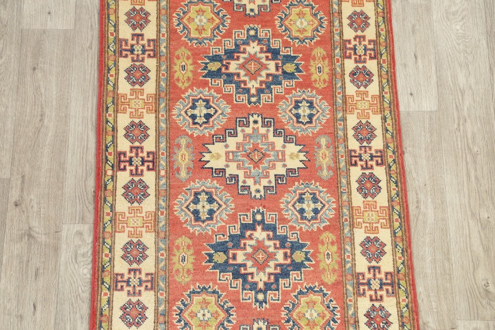 Traditional Kazak Oriental Hand Made Pakistani Wool Runner Rug, Red, 9'10"X2'8"