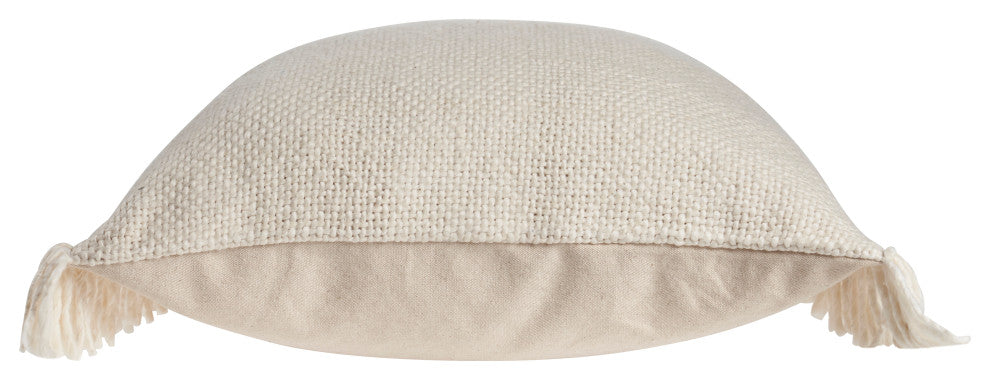 Solid Ivory Woven Throw Pillow with Fringe