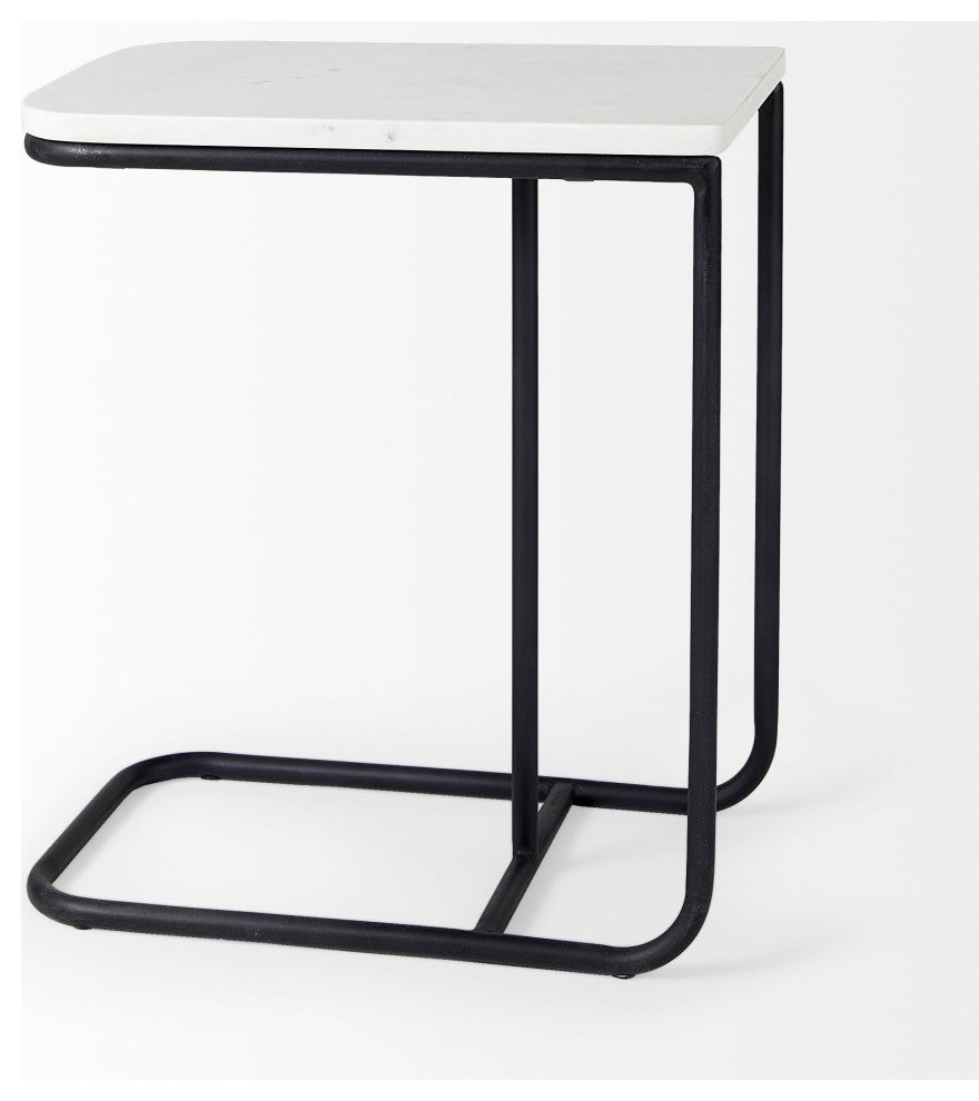 Kyra 12Lx20Wx23H White Marble Top With Black Iron Frame C-Shaped Side Table
