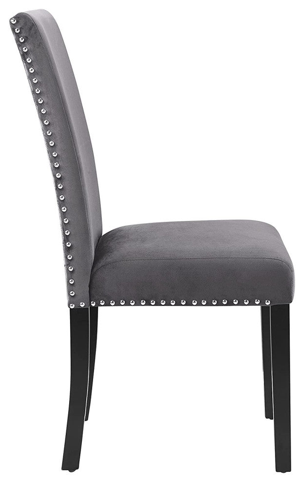 Set of 2 Dining Chair, Gray Velvet Seat & Back With Silver Nailhead Trim Accents