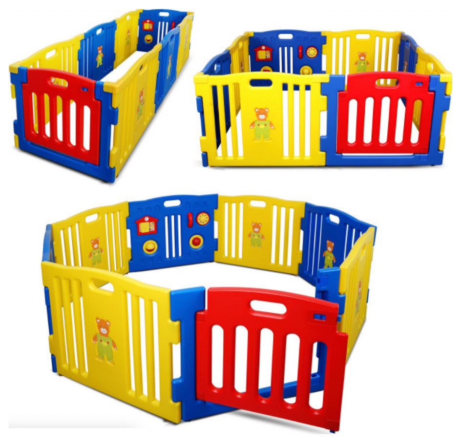 Kidzone Interactive Baby Playpen 8 Panel Safety Gate ASTM Certified, Multicolor