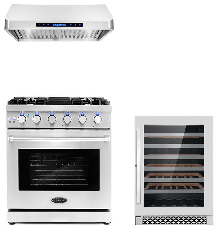 3-Piece, 30" Gas Range, 30" UC Range Hood and 48 Bottle Wine Refrigerator