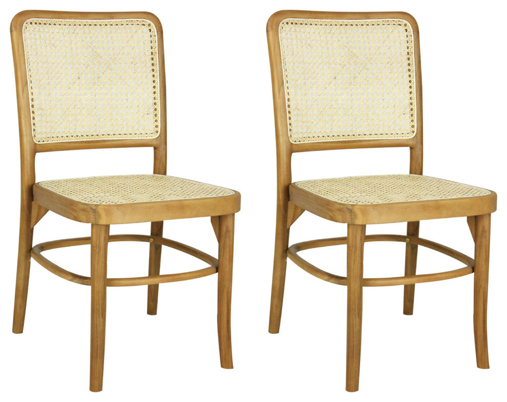 Colmar Mid-Century Vintage Wood Rattan Dining Chair, Natural, Set of 2