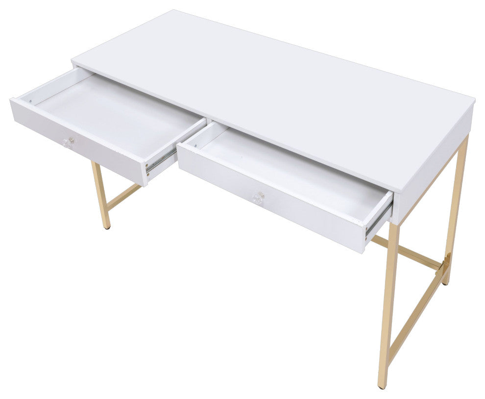 ACME Ottey Vanity Desk, White High Gloss and Gold Finish