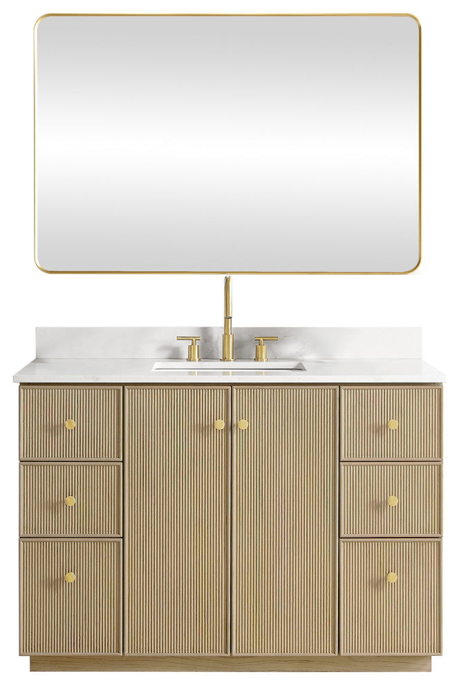 Oza Bath Vanity with Quartz Stone Top, Aged Natural Oak, 48", Single Vanity, With Mirror