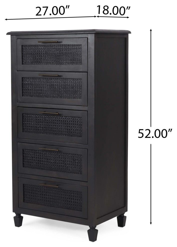 Pollards Rustic Acacia Wood and Cane 5 Drawer Dresser, Dark Gray