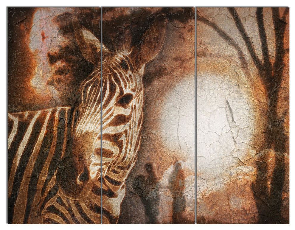 Vintage Style African Zebra, African Triptych Canvas Art Print, 36x28, 3 Panels