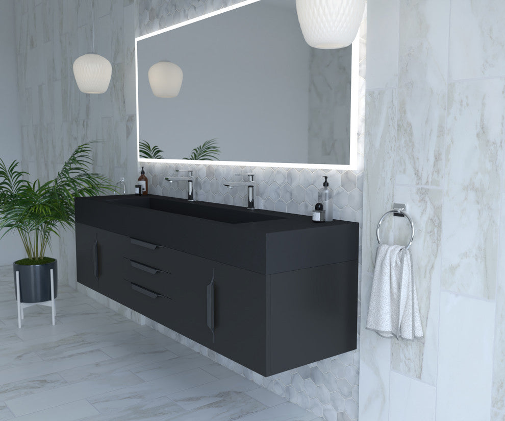 CastelloUSA Nile 72" Wall Mounted Vanity Set, Black, Black Top, Black Handles