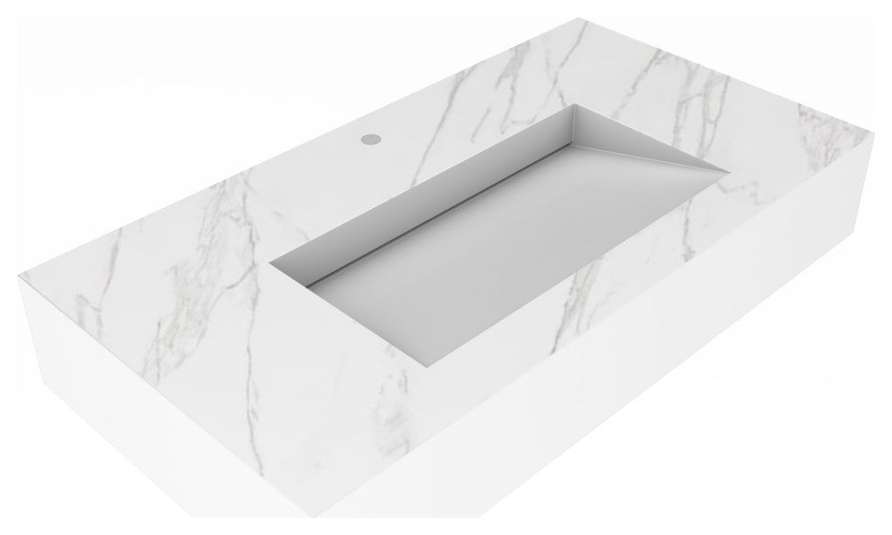 CastelloUSA Pyramid Solid Surface Wall Mounted Ramp Basin Sink, Marble, 36", Standard